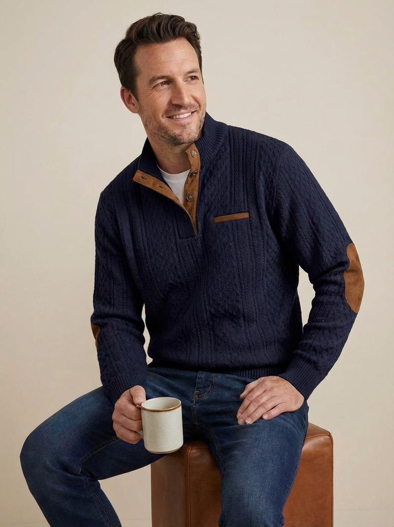 Men's Cable Knit Henley Pullover with Chest Pocket