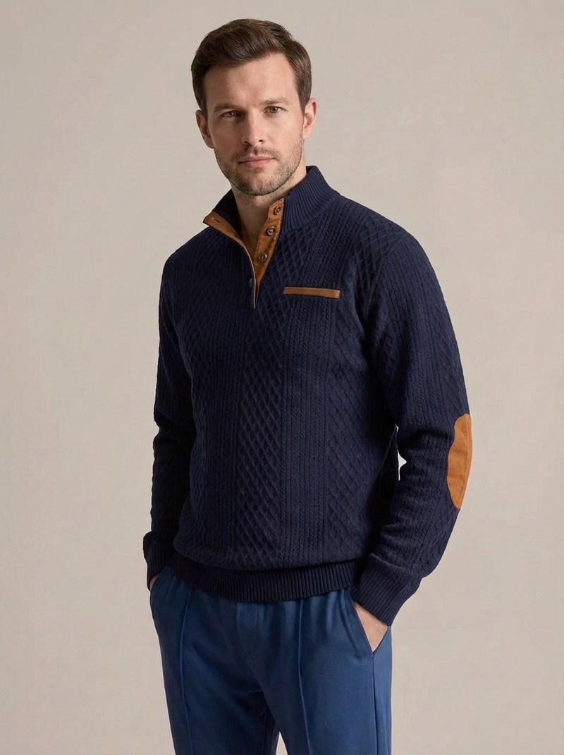 Men's Cable Knit Henley Pullover with Chest Pocket
