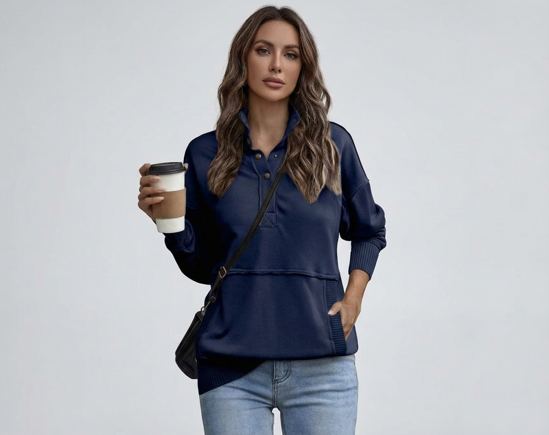 Women's Stand Neck Henley Sweatshirt Long Sleeve Lightweight Casual Pullover Top