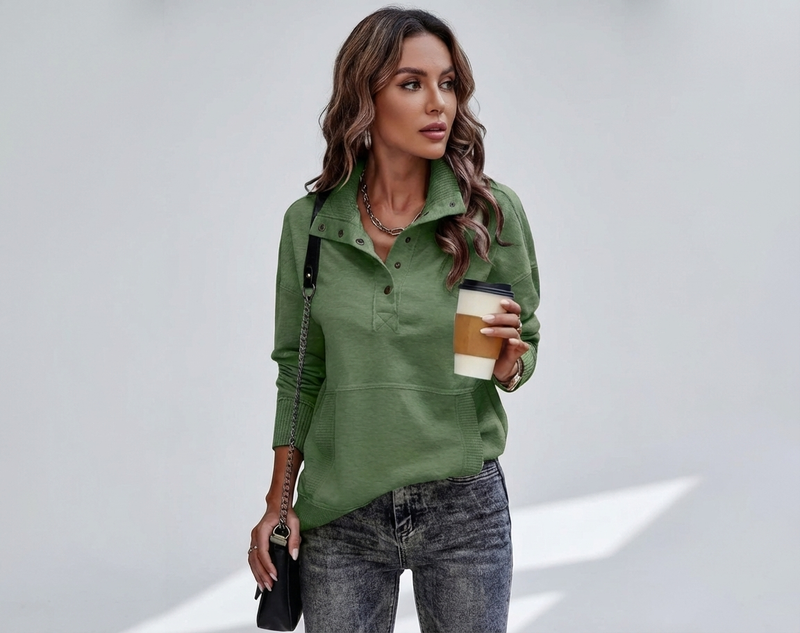 Women's Stand Neck Henley Sweatshirt Long Sleeve Lightweight Casual Pullover Top