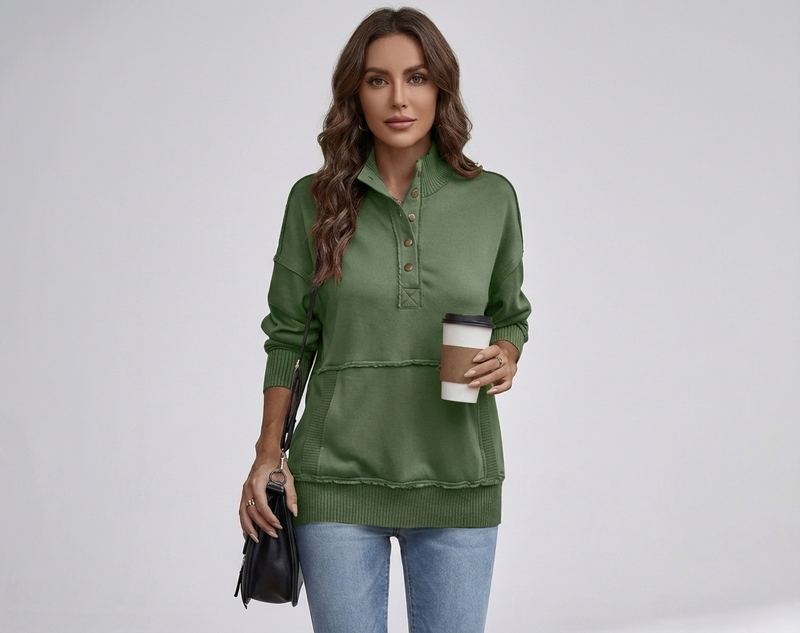 Women's Stand Neck Henley Sweatshirt Long Sleeve Lightweight Casual Pullover Top
