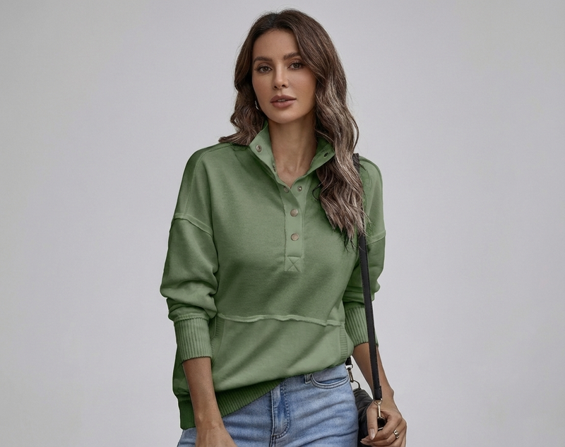 Women's Stand Neck Henley Sweatshirt Long Sleeve Lightweight Casual Pullover Top