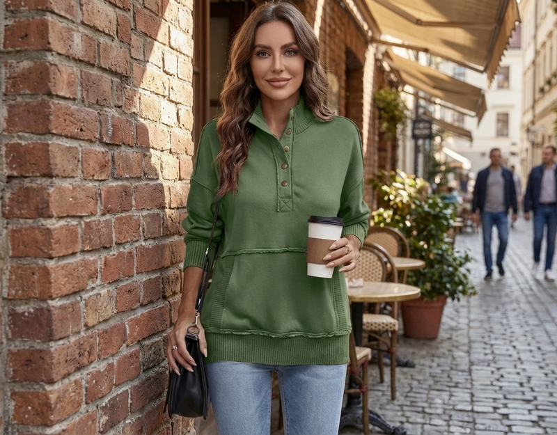 Women's Stand Neck Henley Sweatshirt Long Sleeve Lightweight Casual Pullover Top
