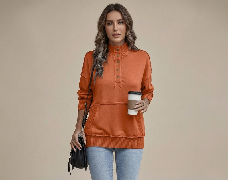 Women's Stand Neck Henley Sweatshirt Long Sleeve Lightweight Casual Pullover Top
