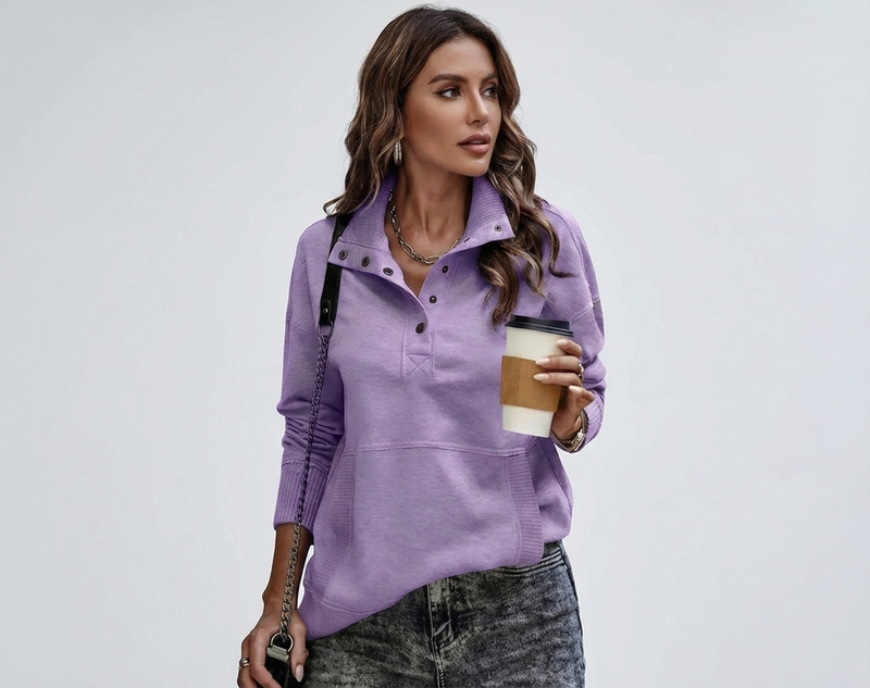 Women's Stand Neck Henley Sweatshirt Long Sleeve Lightweight Casual Pullover Top