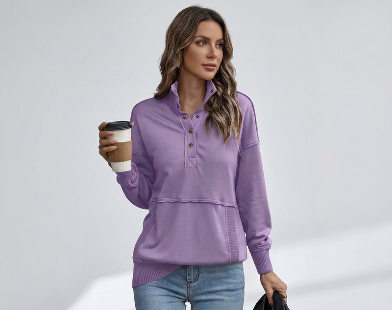 Women's Stand Neck Henley Sweatshirt Long Sleeve Lightweight Casual Pullover Top