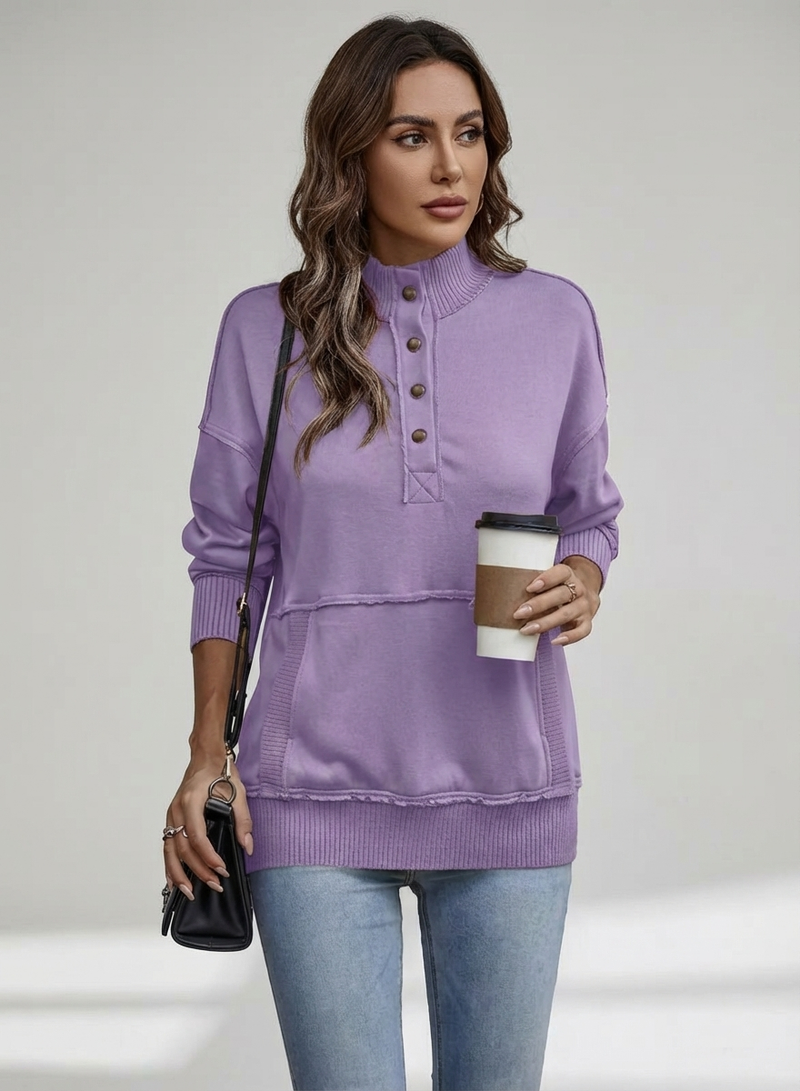 Women's Stand Neck Henley Sweatshirt Long Sleeve Lightweight Casual Pullover Top