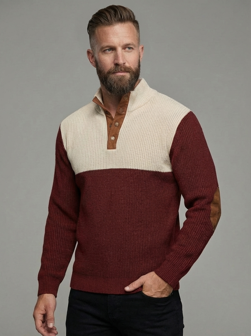 Men's Colorblock Henley Pullover Waffle Knit Sweatshirt