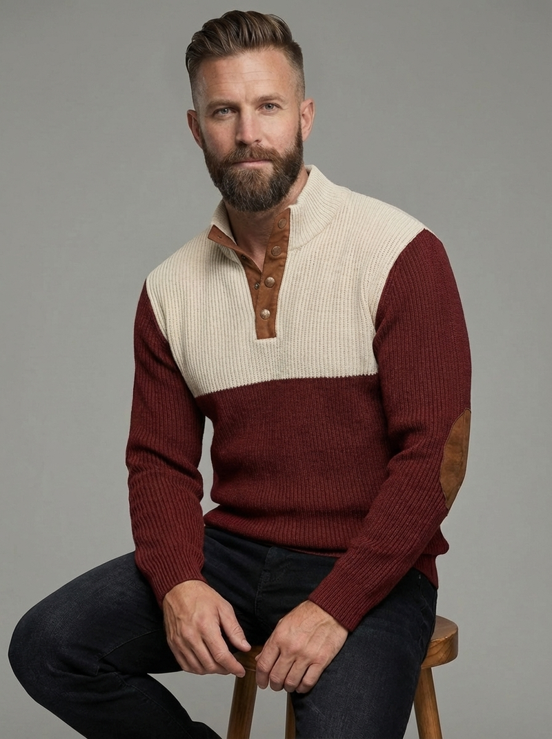 Men's Colorblock Henley Pullover Waffle Knit Sweatshirt