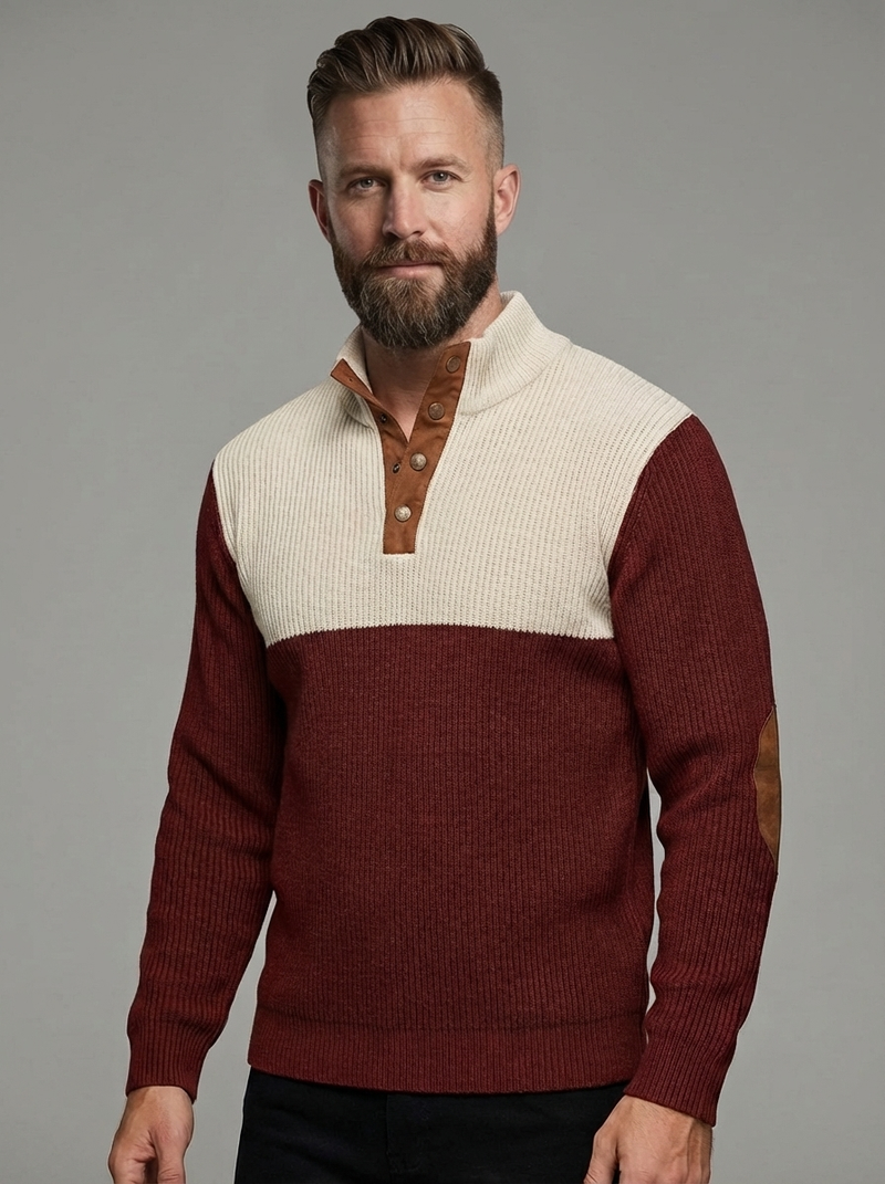 Men's Colorblock Henley Pullover Waffle Knit Sweatshirt