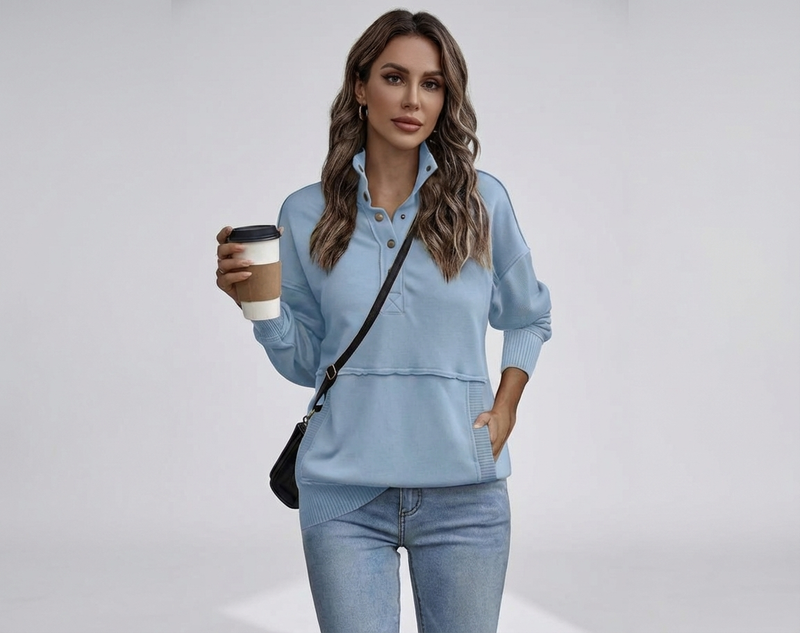 Women's Stand Neck Henley Sweatshirt Long Sleeve Lightweight Casual Pullover Top