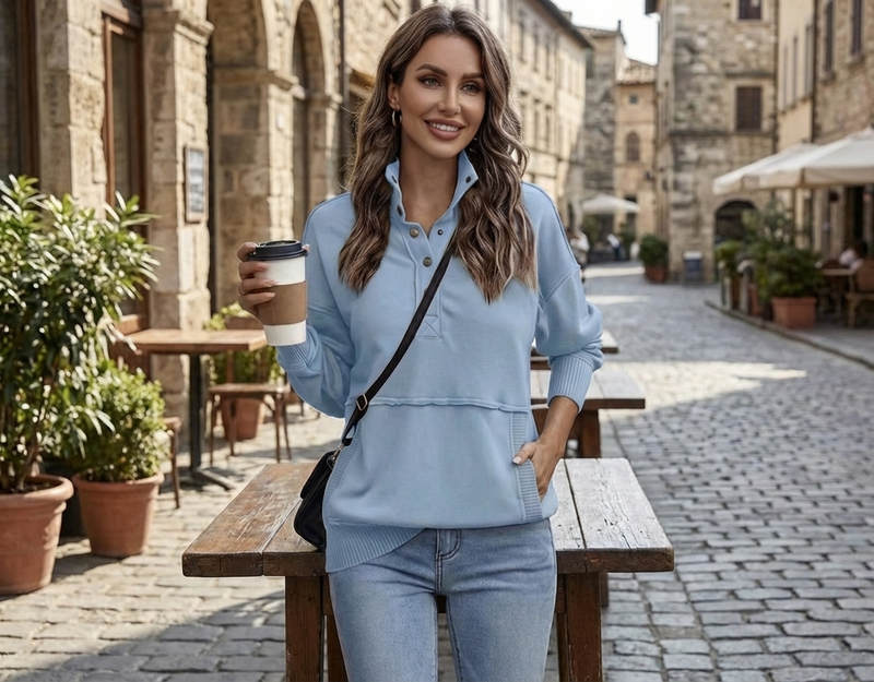 Women's Stand Neck Henley Sweatshirt Long Sleeve Lightweight Casual Pullover Top