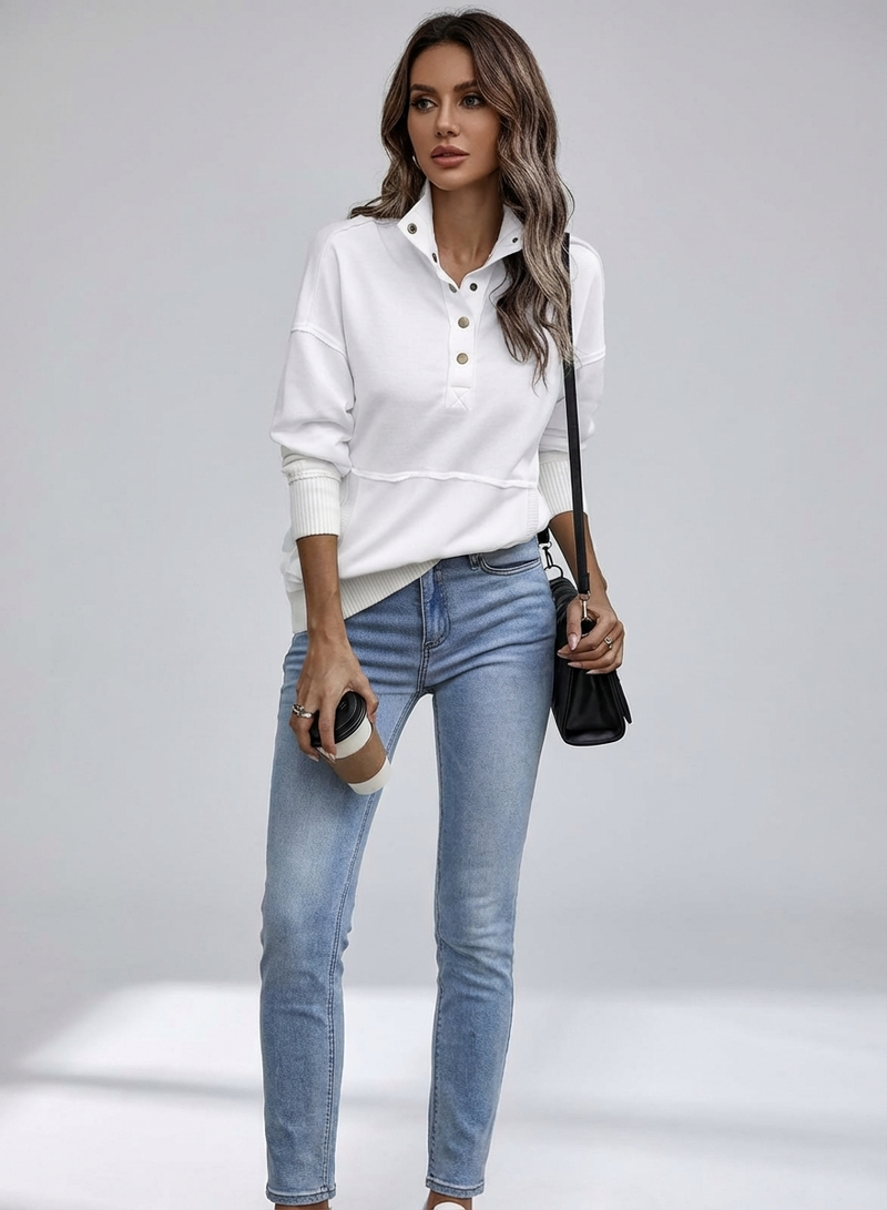 Women's Stand Neck Henley Sweatshirt Long Sleeve Lightweight Casual Pullover Top