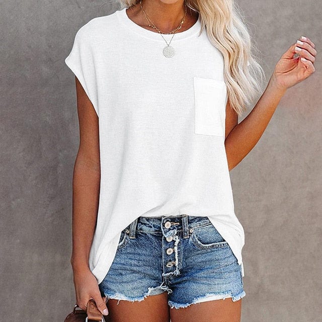 Women’s O-Neck Short-Sleeve Pocket Tee – Casual Boho Chic Broadcloth Top