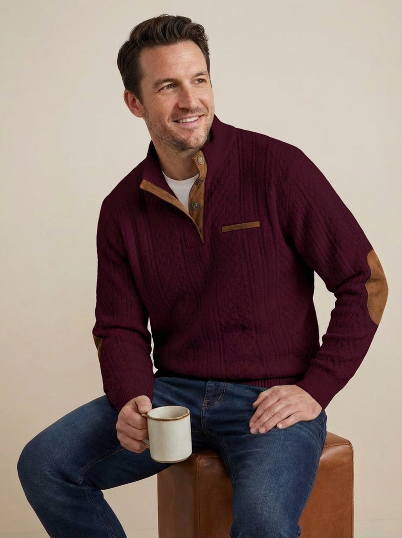 Men's Cable Knit Henley Pullover with Chest Pocket