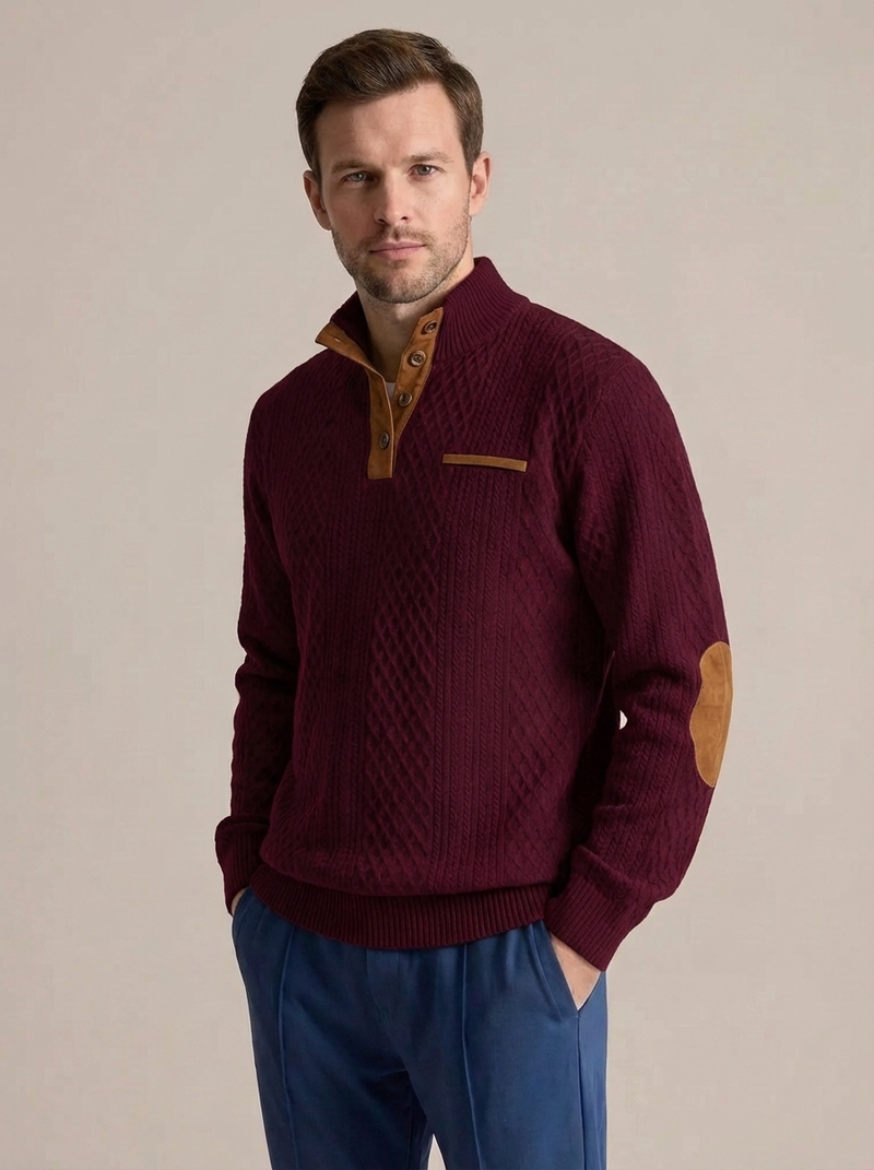 Men's Cable Knit Henley Pullover with Chest Pocket