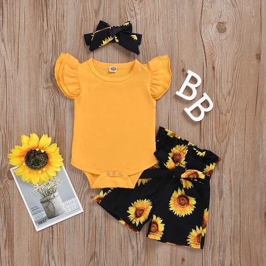 3PCS Baby/Toddler Solid Bodysuit with Sunflower Pants Set