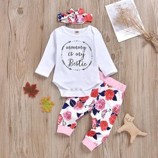 3PCS Letter Printed Bodysuit with Floral Printed Pants Set
