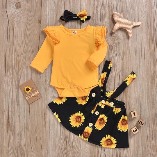 3PCS Baby/Toddler Solid Bodysuit+Sunflower Overalls and Headband Set