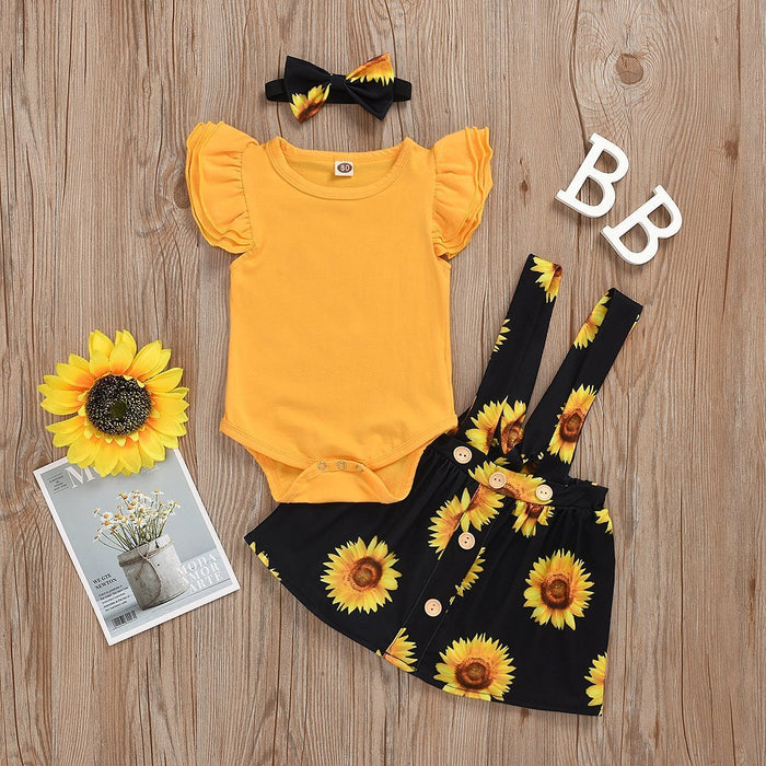 3PCS Short Sleeve Solid Bodysuit with Sunflower Dress Set