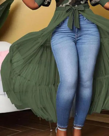 Longline Top with Camouflage Print & Mesh Puff Sleeves