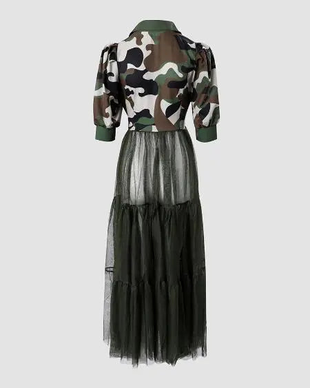 Longline Top with Camouflage Print & Mesh Puff Sleeves