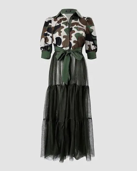 Longline Top with Camouflage Print & Mesh Puff Sleeves