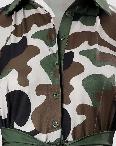 Longline Top with Camouflage Print & Mesh Puff Sleeves