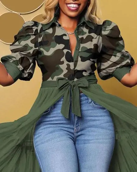 Longline Top with Camouflage Print & Mesh Puff Sleeves