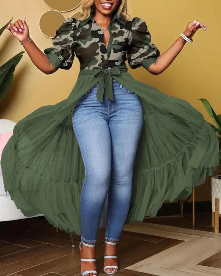 Longline Top with Camouflage Print & Mesh Puff Sleeves