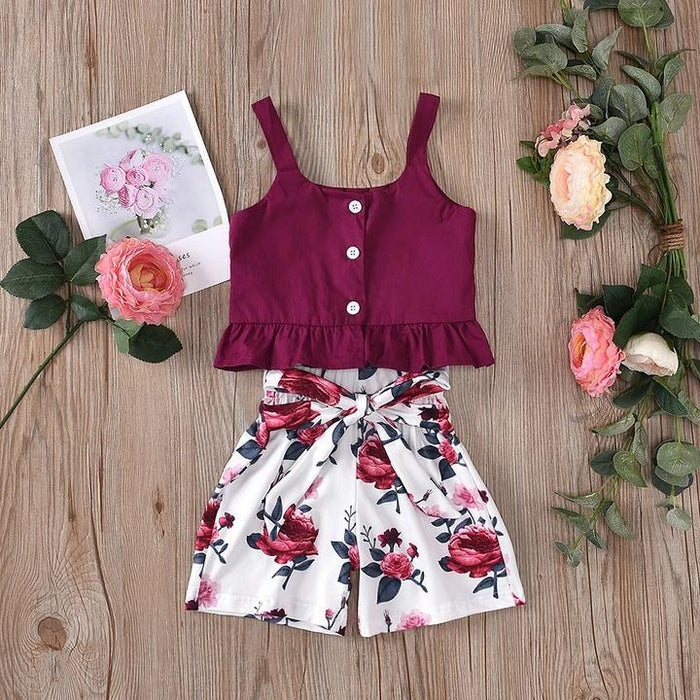 Strappy Top With Flower Printed Pants Baby Set