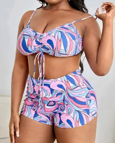 Conjunto de bikini de talla grande con estampado tropical y pareo 
