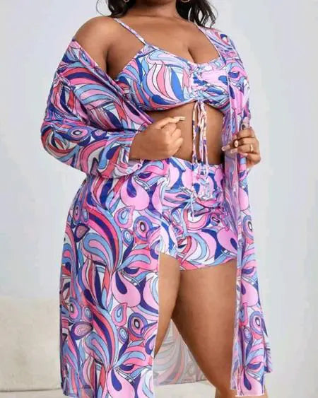 Grote maten bikiniset met tropische print en cover-up 