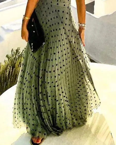 Pleated Maxi Dress with Polka Dot Design