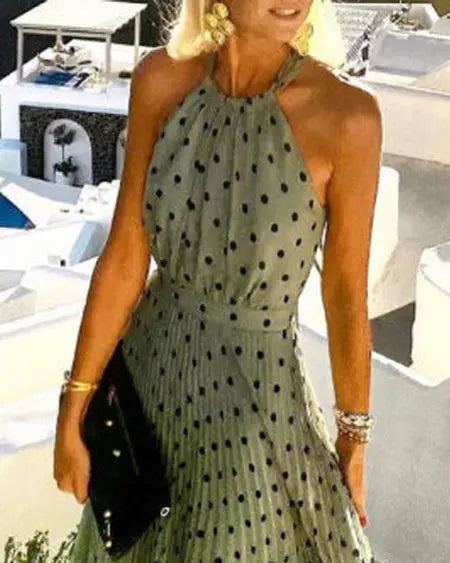 Pleated Maxi Dress with Polka Dot Design