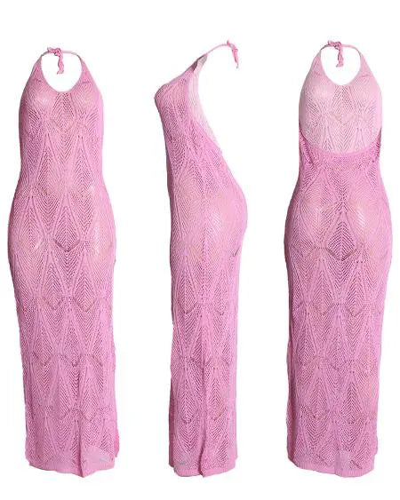 Beach Dress Cover Up: Halter with Hollow-Out Crochet Design
