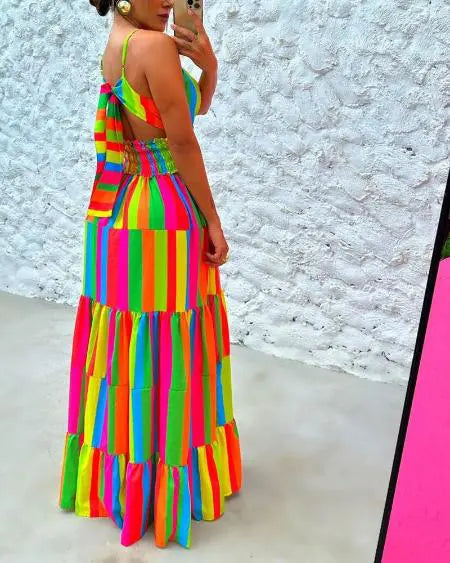 Halter Maxi Dress with Rainbow Stripe Print & Backless Design