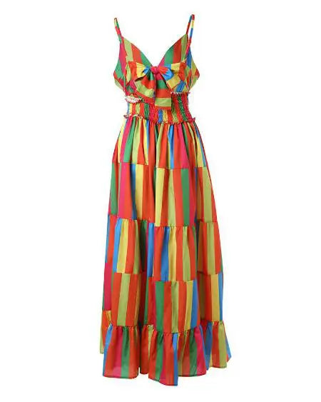 Halter Maxi Dress with Rainbow Stripe Print & Backless Design