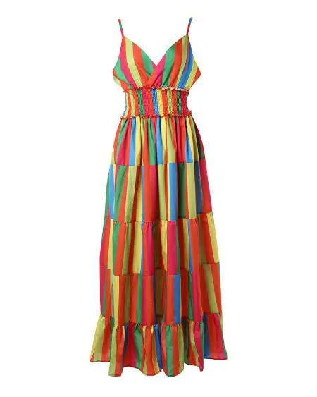 Halter Maxi Dress with Rainbow Stripe Print & Backless Design