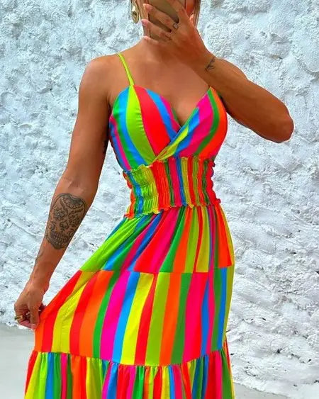 Halter Maxi Dress with Rainbow Stripe Print & Backless Design