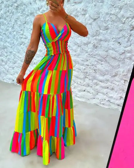 Halter Maxi Dress with Rainbow Stripe Print & Backless Design