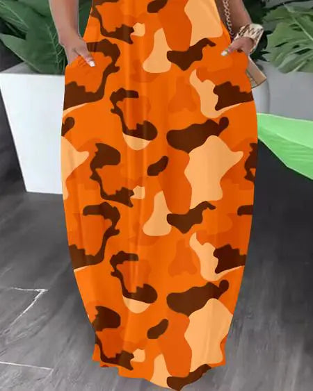 Grote maten camouflage maxi-jurk met off-shoulder snit 