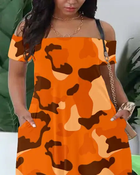 Grote maten camouflage maxi-jurk met off-shoulder snit 