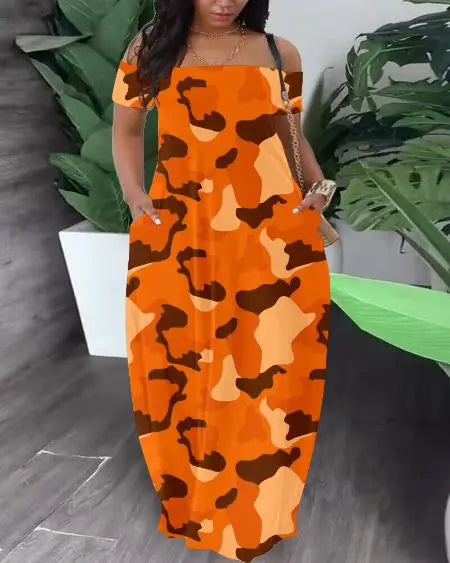 Grote maten camouflage maxi-jurk met off-shoulder snit 