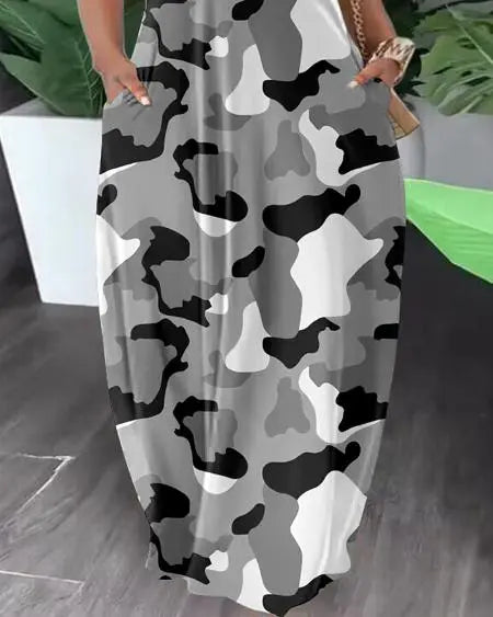 Grote maten camouflage maxi-jurk met off-shoulder snit 
