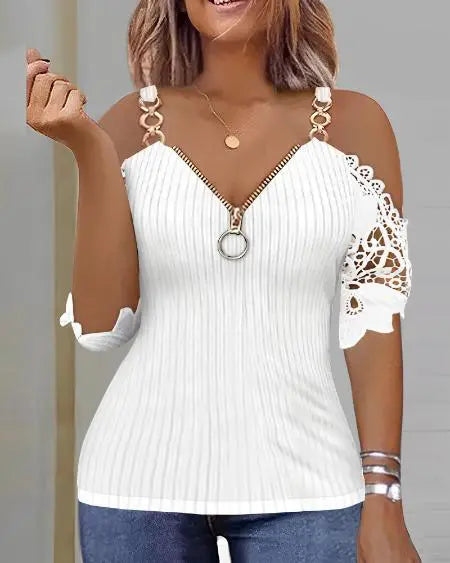 Zip Front Cold Shoulder Top with Contrast Lace