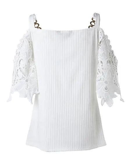 Zip Front Cold Shoulder Top with Contrast Lace