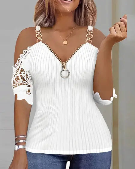 Zip Front Cold Shoulder Top with Contrast Lace