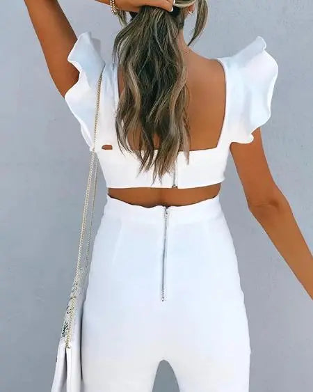 Jumpsuit with Flutter Sleeves and Cutout Ruffle Hem
