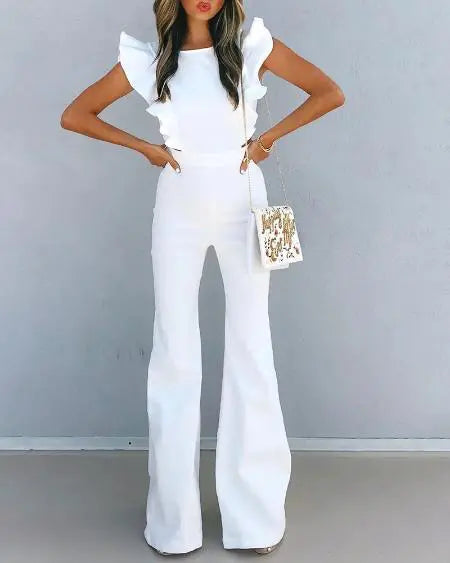 Jumpsuit with Flutter Sleeves and Cutout Ruffle Hem